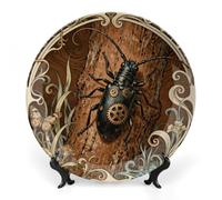 RTFGHJS Longhorn Beetle Bark Decorative Ceramic Plate Personalized Bone China Decorative Plate Round Porcelain Plates with Display Stand Cabinet Display Plates for Home Decor 6inch