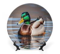 RTFGHJS Mallard Duck Decorative Ceramic Plate Personalized Bone China Decorative Plate Round Porcelain Plates with Display Stand Cabinet Display Plates for Home Decor 8inch