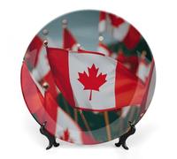 RTFGHJS Many Small Canadian Flags Decorative Ceramic Plate Personalized Bone China Decorative Plate Round Porcelain Plates with Display Stand Cabinet Display Plates for Home Decor 8inch