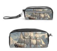 RTFGHJS Nautical Sailing Pirate Ship Pencil Case, Large Capacity Pencil Pouch, Leather Small Makeup Bag, Portable Zipper Stationery Bag for Stationery, Travel Toiletry, Makeup, Supplies