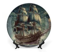 RTFGHJS Nautical Vintage Sailing Pirate Ship Decorative Ceramic Plate Personalized Bone China Decorative Plate Round Porcelain Plates with Display Stand Cabinet Display Plates for Home Decor 10inch