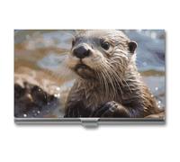 RTFGHJS Otter Playing in The Water Business Card Holder, Metal Slim Name Card Case, Pocket Cards Holder for Women Or Men, Name Cards Booklet for Professionals, Executives