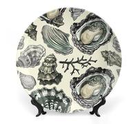 RTFGHJS Oysters And Shells Decorative Ceramic Plate Personalized Bone China Decorative Plate Round Porcelain Plates with Display Stand Cabinet Display Plates for Home Decor 6inch