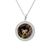 RTFGHJS Pendant Necklace for Women - A Little Yorkshire Terrier Diamond Circle Disc Necklace with 19.7 Inch Chain, Elegant Jewelry for Party Date Christmas Gift, One Size, Zinc, Diamond