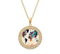 RTFGHJS Pendant Necklace for Women - Abstract World Map Diamond Circle Disc Necklace with 19.7 Inch Chain, Elegant Jewelry for Party Date Christmas Gift, One Size, Zinc, Diamond