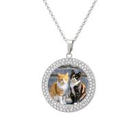 RTFGHJS Pendant Necklace for Women - Cats Sitting Together Diamond Circle Disc Necklace with 19.7 Inch Chain, Elegant Jewelry for Party Date Christmas Gift, One Size, Zinc, Diamond
