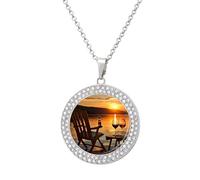 RTFGHJS Pendant Necklace for Women - Chair And Wine at Sunset Lake Diamond Circle Disc Necklace with 19.7 Inch Chain, Elegant Jewelry for Party Date Christmas Gift, One Size, Zinc, Diamond
