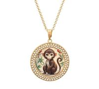 RTFGHJS Pendant Necklace for Women - Chinese Style Monkey Diamond Circle Disc Necklace with 19.7 Inch Chain, Elegant Jewelry for Party Date Christmas Gift, One Size, Zinc, Diamond
