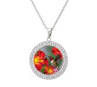 RTFGHJS Pendant Necklace for Women - Hummingbirds Red Flower Hibiscus Diamond Circle Disc Necklace with 19.7 Inch Chain, Elegant Jewelry for Party Date Christmas Gift, One Size, Zinc, Diamond