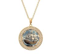 RTFGHJS Pendant Necklace for Women - Nautical Sailing Pirate Ship Diamond Circle Disc Necklace with 19.7 Inch Chain, Elegant Jewelry for Party Date Christmas Gift, One Size, Zinc, Diamond