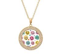 RTFGHJS Pendant Necklace for Women - Pastel Color Happy Face Diamond Circle Disc Necklace with 19.7 Inch Chain, Elegant Jewelry for Party Date Christmas Gift, One Size, Zinc, Diamond
