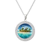 RTFGHJS Pendant Necklace for Women - Tropical Island Diamond Circle Disc Necklace with 19.7 Inch Chain, Elegant Jewelry for Party Date Christmas Gift, One Size, Zinc, Diamond