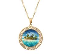 RTFGHJS Pendant Necklace for Women - Tropical Island Diamond Circle Disc Necklace with 19.7 Inch Chain, Elegant Jewelry for Party Date Christmas Gift, One Size, Zinc, Diamond