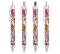 RTFGHJS Pink White Gold Flowers Ballpoint Pens Retractable Ball Point Pens Smooth 0.5mm Medium Writing Pen Black Ink Pen for Men Women 4 PCS