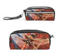 RTFGHJS Red Dragonfly Pencil Case, Large Capacity Pencil Pouch, Leather Small Makeup Bag, Portable Zipper Stationery Bag for Stationery, Travel Toiletry, Makeup, Supplies