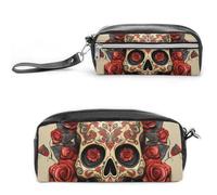 RTFGHJS Red Rose Sugar Skull Pencil Case, Large Capacity Pencil Pouch, Leather Small Makeup Bag, Portable Zipper Stationery Bag for Stationery, Travel Toiletry, Makeup, Supplies