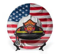 RTFGHJS Red Stripe Firefighter USA Flag Decorative Ceramic Plate Personalized Bone China Decorative Plate Round Porcelain Plates with Display Stand Cabinet Display Plates for Home Decor 10inch