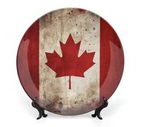 RTFGHJS Retro Canada Flag Decorative Ceramic Plate Personalized Bone China Decorative Plate Round Porcelain Plates with Display Stand Cabinet Display Plates for Home Decor 10inch