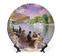 RTFGHJS Riverside Café Scene Decorative Ceramic Plate Personalized Bone China Decorative Plate Round Porcelain Plates with Display Stand Cabinet Display Plates for Home Decor 7inch