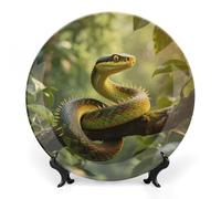 RTFGHJS Rough - Scaled Bush Viper Decorative Ceramic Plate Personalized Bone China Decorative Plate Round Porcelain Plates with Display Stand Cabinet Display Plates for Home Decor 6inch