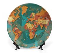 RTFGHJS Rust World Map Decorative Ceramic Plate Personalized Bone China Decorative Plate Round Porcelain Plates with Display Stand Cabinet Display Plates for Home Decor 10inch