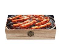RTFGHJS Sausage on Fire Wooden Storage Box Vintage Keepsake Box with Lid And Front Clasp Rustic Home Decor Wooden Organizer for Jewelry Rings Earrings Office Supplies 7.9x3.7x2.3 Inch