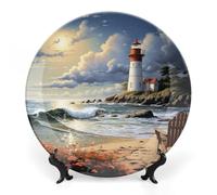 RTFGHJS Sea Lighthouse Sandbeach Decorative Ceramic Plate Personalized Bone China Decorative Plate Round Porcelain Plates with Display Stand Cabinet Display Plates for Home Decor 10inch