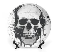 RTFGHJS Simple Skull Graphic Decorative Ceramic Plate Personalized Bone China Decorative Plate Round Porcelain Plates with Display Stand Cabinet Display Plates for Home Decor 8inch