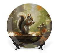 RTFGHJS Squirrel Eats Nuts Decorative Ceramic Plate Personalized Bone China Decorative Plate Round Porcelain Plates with Display Stand Cabinet Display Plates for Home Decor 8inch