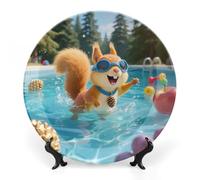 RTFGHJS Squirrel Pool Joy Decorative Ceramic Plate Personalized Bone China Decorative Plate Round Porcelain Plates with Display Stand Cabinet Display Plates for Home Decor 6inch