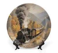 RTFGHJS Steam Train in The Valley Decorative Ceramic Plate Personalized Bone China Decorative Plate Round Porcelain Plates with Display Stand Cabinet Display Plates for Home Decor 8inch