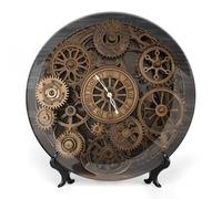 RTFGHJS Steampunk Gears Clock Decorative Ceramic Plate Personalized Bone China Decorative Plate Round Porcelain Plates with Display Stand Cabinet Display Plates for Home Decor 7inch