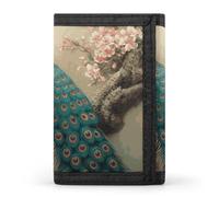 RTFGHJS Trifold Wallet for Men, Fire And Water Phoenix Coin Purse Slim Money Clip Credit Card Holder with 8 Card Slots, Oriental Peacock on Flower Tree, One Size, Modern
