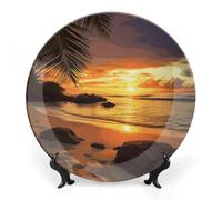 RTFGHJS Tropical Beach Coastal Sunset Decorative Ceramic Plate Personalized Bone China Decorative Plate Round Porcelain Plates with Display Stand Cabinet Display Plates for Home Decor 6inch
