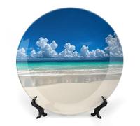 RTFGHJS Tropical White Sand Beach Decorative Ceramic Plate Personalized Bone China Decorative Plate Round Porcelain Plates with Display Stand Cabinet Display Plates for Home Decor 8inch