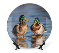 RTFGHJS Two Mallard Ducks Decorative Ceramic Plate Personalized Bone China Decorative Plate Round Porcelain Plates with Display Stand Cabinet Display Plates for Home Decor 7inch
