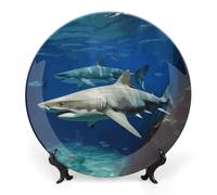 RTFGHJS Two White Sharks Decorative Ceramic Plate Personalized Bone China Decorative Plate Round Porcelain Plates with Display Stand Cabinet Display Plates for Home Decor 8inch