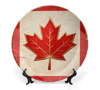 RTFGHJS Vintage Canada Flag Decorative Ceramic Plate Personalized Bone China Decorative Plate Round Porcelain Plates with Display Stand Cabinet Display Plates for Home Decor 8inch