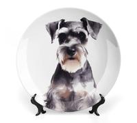 RTFGHJS Well-behaved Schnauzer Decorative Ceramic Plate Personalized Bone China Decorative Plate Round Porcelain Plates with Display Stand Cabinet Display Plates for Home Decor 6inch