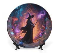 RTFGHJS Witch in The Mysterious Forest Decorative Ceramic Plate Personalized Bone China Decorative Plate Round Porcelain Plates with Display Stand Cabinet Display Plates for Home Decor 6inch