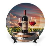 RTFGHJS Wooden Wine Barrel on Wine Bottle Decorative Ceramic Plate Personalized Bone China Decorative Plate Round Porcelain Plates with Display Stand Cabinet Display Plates for Home Decor 7inch