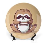 RTFGHJS Yoga Sloth Coffee Decorative Ceramic Plate Personalized Bone China Decorative Plate Round Porcelain Plates with Display Stand Cabinet Display Plates for Home Decor 6inch