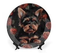 RTFGHJS Yorkie Puppy Decorative Ceramic Plate Personalized Bone China Decorative Plate Round Porcelain Plates with Display Stand Cabinet Display Plates for Home Decor 10inch