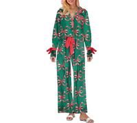 RTGSE Mommy and Me Christmas Matching Pajamas Set Bow Print Lape Long Sleeve Button Down Tops with Pants Holiday Sleepwear (Mom, L, Green)