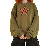 RTGSE Women Vintage Argyle Plaid Knitted Sweaters Jumper Long Sleeve Plaid Pullovers Sweaters Y2K 90s E-Girl Knitwear Jumper (Star Brown, S)