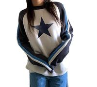 RTGSE Women Vintage Argyle Plaid Knitted Sweaters Jumper Long Sleeve Plaid Pullovers Sweaters Y2K 90s E-Girl Knitwear Jumper (Star Navy Blue, L)