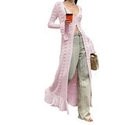 RTGSE Women Vintage Crochet Granny Square Cardigan Jumper Long Sleeve Open Front Floral Knit Sweater Knitwear Long Cardigan (Pink, L)