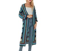 RTGSE Women Vintage Crochet Granny Square Cardigan Jumper Long Sleeve Open Front Floral Knit Sweater Knitwear Long Cardigan (Blue, One Size)