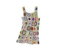 RTGSE Womens Crochet Granny Square Mini Dress Sleeveless Cover-up Dress Tassels Slip Dress Summer Hollow Out Beach Short Dress (Ganny Square Apricot, One Size)