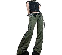 RTGSE Womens Gothic Punk Cargo Pants High Waist Flare Pants Wide Leg Baggy Jeans Harajuku Aesthetic Trousers 90s Streetwear (Army Green C, M)
